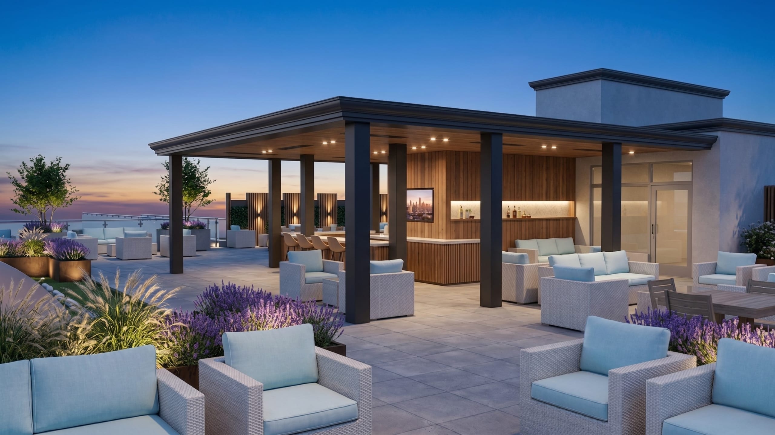 Rooftop terrace at Santé Apartments, 300 Skyfal Lane